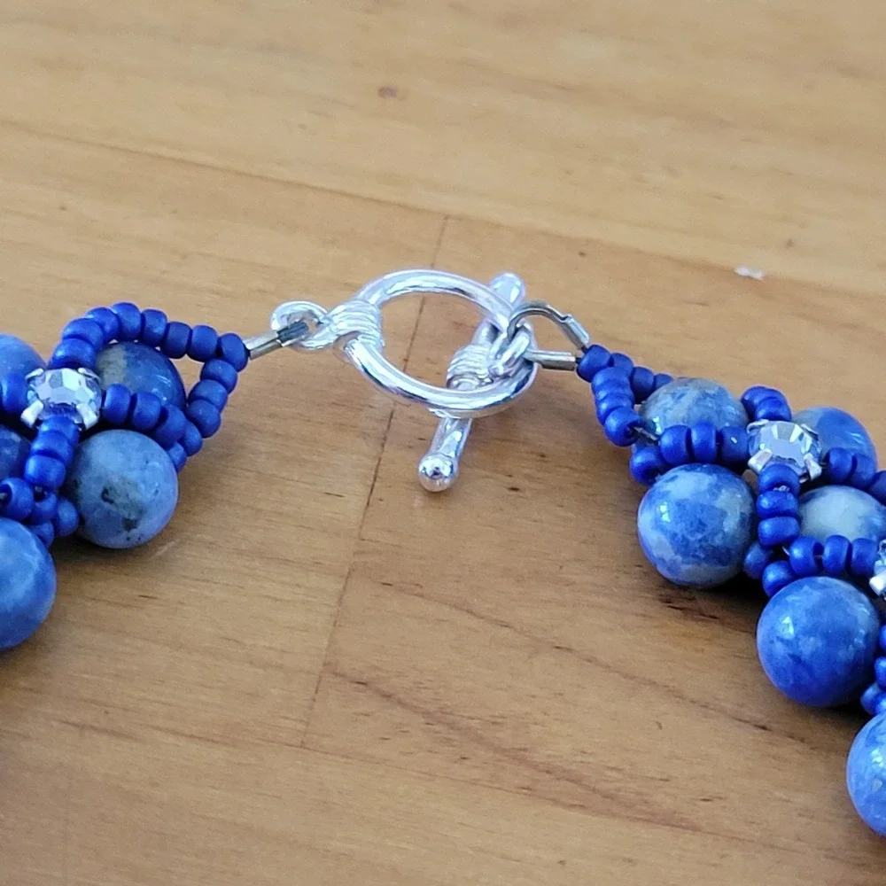 Intricate Blue Stone Seed Bead Bracelet Rhinestone Toggle Woven 21g